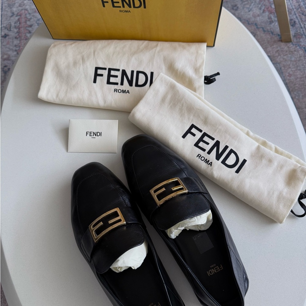 Fendi Black Lambskin Loafers with Gold Hardware